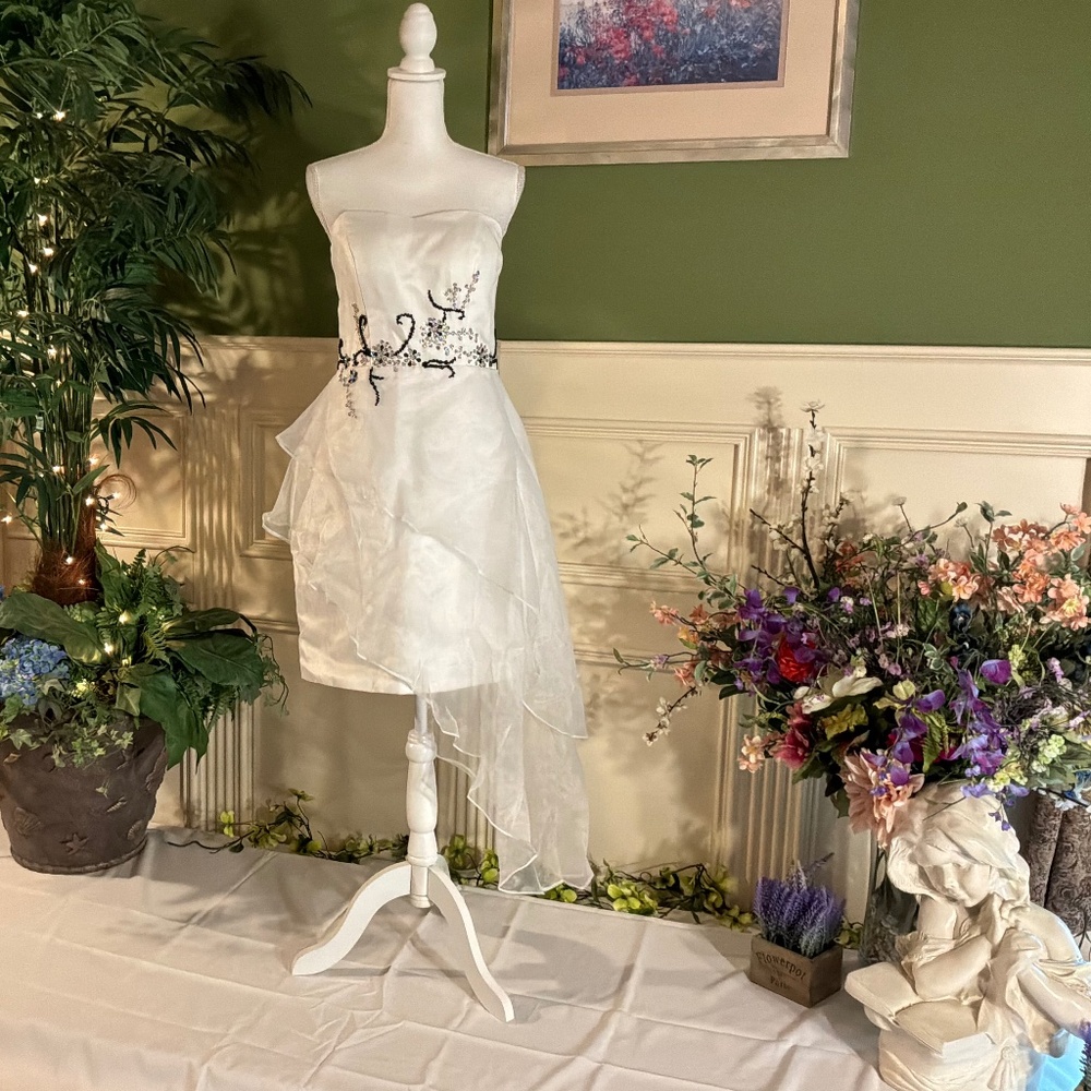 Short strapless white asymmetrical dress